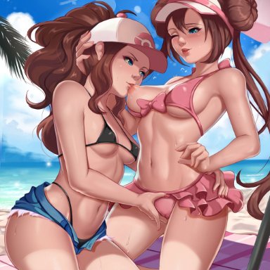 beach, hilda (pokemon), human, one breast out, pokemon, pokemon bw, rosa (pokemon)