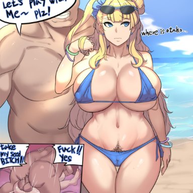 1boy, 1girls, beach, bed, bikini, blonde hair, breasts, clitoris, cum, erect nipples, erect nipples under clothes, female, galko, high resolution, huge breasts