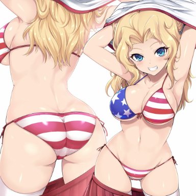 1girls, american flag, american flag bikini, arms up, ass, back, big breasts, bikini, blonde hair, blue eyes, blush, breasts, butt crack, cleavage, collarbone