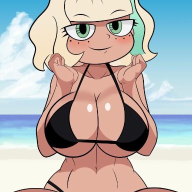 beach, big breasts, bikini, black bikini, blonde hair, blush, breasts, busty, cleavage, female, freckles, green eyes, hair streak, jackie lynn thomas, large breasts