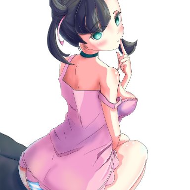 1girls, ass, big ass, blue eyes, blush, breasts, dress, eye contact, female, human, kaiji13, looking at viewer, looking back, marnie (pokemon), nintendo