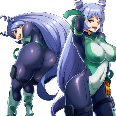 1girls, ass, blue eyes, blue hair, breasts, clothed, female, female only, gloves, hadou nejire, hero outfit(mha), horns, jmg, looking at viewer, my hero academia