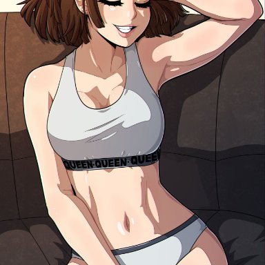 1girl, ass, big breasts, booty shorts, bra, brown hair, closed eyes, female, female only, kinkymation, looking at viewer, makoto niijima, persona, persona 5, red eyes