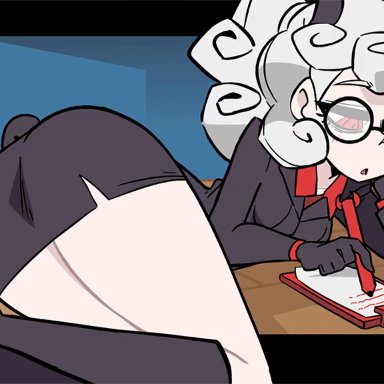 1girls, animated, ass, big ass, demon, diives, female, helltaker, pandemonica (helltaker), skirt, spanking, speech bubble, text