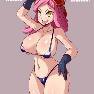 big breasts, bikini, breasts, english text, female, female only, gloves, goggles, goggles on head, looking at viewer, lucyfercomic, mei hatsume, my hero academia, pink hair, solo