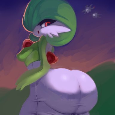 1girls, anthro, anthrofied, ass, big ass, bottom heavy, breasts, gardevoir, green hair, green skin, huge ass, huge thighs, humanoid, large ass, looking back