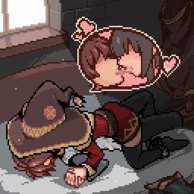 1boy, 1girls, animated, clothed sex, cowgirl position, french kiss, hand holding, implied sex, kissing, kono subarashii sekai ni shukufuku wo!, megumin, on bed, pixel art, satou kazuma, sex