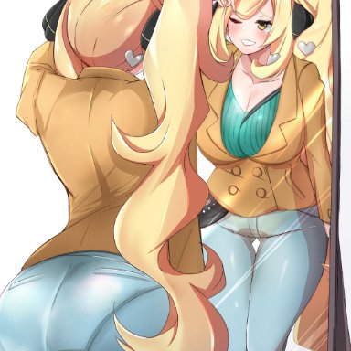 1girls, ass, asymmetrical hair, blonde hair, breasts, cameltoe, cleavage, coat, cosplay, cynthia (pokemon), denim, female, from behind, grin, hair ornament