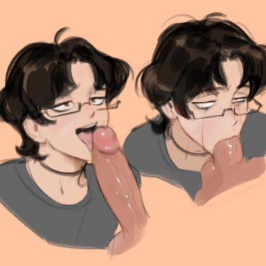 black hair, bleeding mascara, choker, close-up, fellatio, femboy, gay, glasses, licking penis, melanpsycholia, miles (melanpsycholia), oral, penis, penis lick, runny makeup