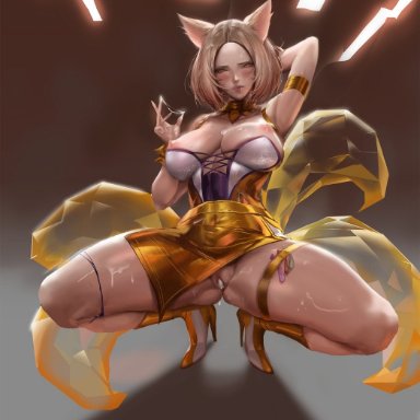 ahri, arms behind head, breasts, breasts outside, clothes lift, clothing aside, condom, condoms, cum, cum in hair, cum in pussy, cum inside, cum on body, cum on breasts, cum on face