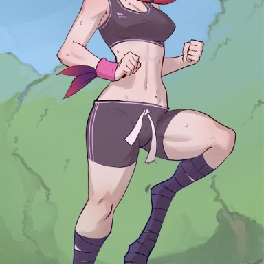 1girl, animal ears, arbuzbudesh, booty shorts, feathers, female, jogging, league of legends, long hair, ponytail, public, red hair, solo, sports bra, sweat