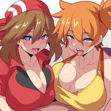 2girls, big breasts, breasts, cleavage, female, female only, huge breasts, human, kasumi (pokemon), konno tohiro, large breasts, looking at viewer, may (pokemon), nintendo, pokemon