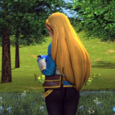 ass, blonde, blonde hair, blue eyes, breasts, clothed, clothing, cute, full body, nintendo, pov, princess zelda, sheikah slate, smile, sound