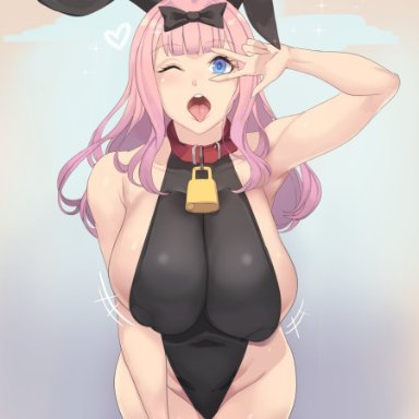 bell collar, big ass, big breasts, blue eyes, bunny ears, bunnysuit, fujiwara chika, kaguya-sama wa kokurasetai ~tensai-tachi no renai zunousen~, kaguya-sama: love is war, metal owl, pink hair, ribbon