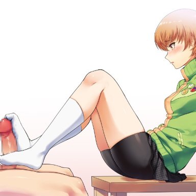 1boy1girl, another story, bike shorts, blush, brown eyes, brown hair, clothed, feet, female, footjob, footwear, penis, persona, persona 4, persona 4 the golden