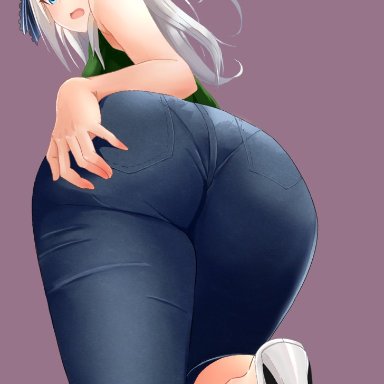 1girls, ass, ass focus, ass grab, blue eyes, dat ass, high heels, jeans, kaguya-sama wa kokurasetai ~tensai-tachi no renai zunousen~, looking at viewer, looking back, shirogane kei, solo, white hair