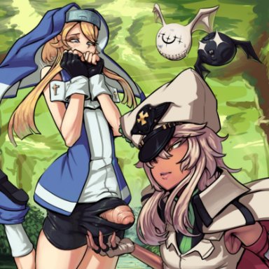 1boy, 1girls, ball fondling, balls, boxman, bridget, erection, female, femboy, girly, guilty gear, male, penis, ramlethal valentine, testicles