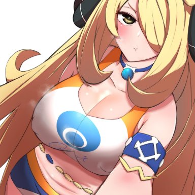 :t, 1girls, armlet, blonde hair, blush, breasts, brown hair, choker, clavicle, cleavage, closed mouth, cosplay, crop top, cynthia (pokemon), double bun