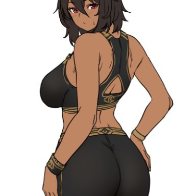 bastet (houtengeki), big ass, big breasts, black hair, cat ears, dark skin, houtengeki, red eyes, sports bra, sportswear, workout clothes, yoga pants