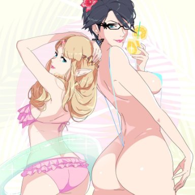 2girls, arms up, artist name, artist signature, ass, back, back view, bayonetta, bayonetta (character), big ass, bikini, black hair, blonde hair, blue eyes, breasts