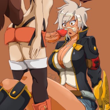 1futa, 1girls, blazblue, bullet (blazblue), cleavage, cum, cum on face, cumshot, dark skin, dark-skinned female, futa on female, futanari, huge cock, large breasts, makoto nanaya