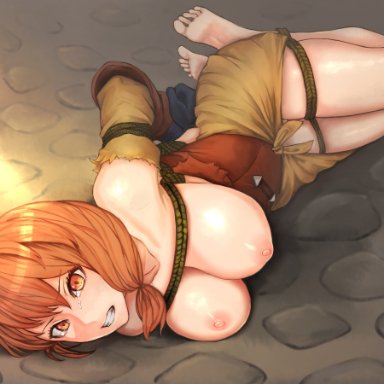 angry, bare legs, barefoot, bondage, bottomless, breasts outside, crying, fire emblem, fire emblem: three houses, leonie (fire emblem), leonie pinelli, lying, mostly nude, orange hair, pantless