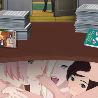 2boys, 3girls, balls, blonde hair, blowjob, book, boruto: naruto next generations, brown hair, collaborative fellatio, darkalx, desk, double bun, edit, erect penis, fellatio