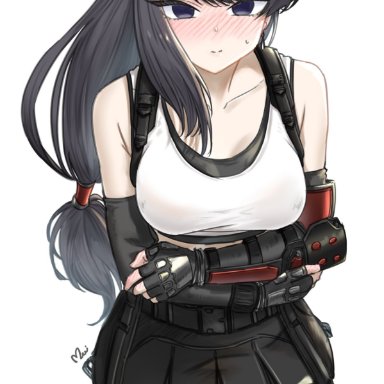 1girls, belt, black eyes, black hair, black legwear, blush, cosplay, embarrassed, female, female focus, female only, final fantasy, final fantasy vii, fingerless gloves, gloves