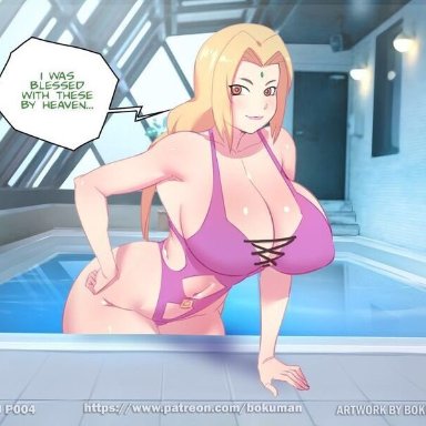 big breasts, blonde hair, bokuman, brown eyes, female, female only, long hair, mature female, naruto, nipples, nipples visible through clothing, solo, solo female, solo focus, tsunade