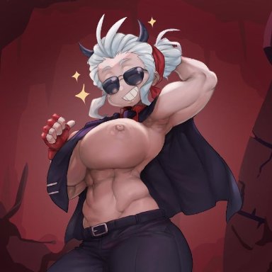 1girls, abs, aviator sunglasses, big breasts, cave, demon girl, exposed breasts, eyebrows, female, female focus, female only, fingerless gloves, flexing, gloves, helltaker