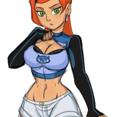 belly, belly button, big breasts, bra, breasts, caramel skin, donchibi, earrings, female only, female solo, flat belly, green eyes, gwen tennyson, long sleeves, ponytail
