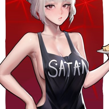 1girl, 1girls, beauty mark, helltaker, highres, kidmo, lucifer (helltaker), partially clothed, surprised, tagme, text, white hair