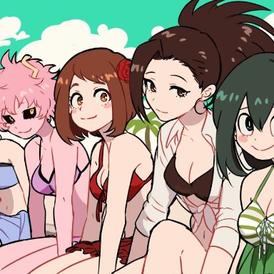 6girls, bikini, black hair, brown hair, chilling, cute, earlobe jacks, earlobes, earrings, female only, flower in hair, green hair, horns, imjayu, invisible girl