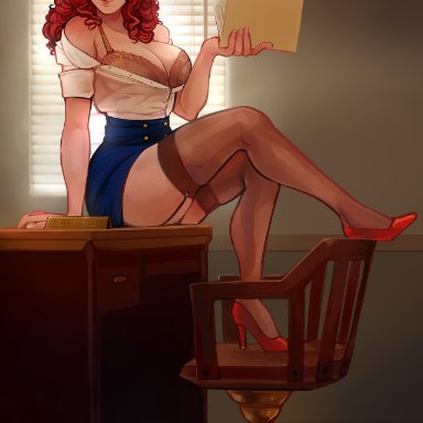big breasts, biting lip, breasts out, curly hair, high heels, holding object, looking at viewer, momodeary, red hair, seductive, shirt down, sitting on table, skirt up, stockings