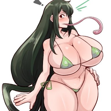 big breasts, black eyes, female, female only, green hair, long hair, my hero academia, nipples, nipples visible through clothing, pinkkoffin, solo, solo female, solo focus, tsuyu asui