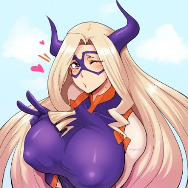 big breasts, blonde hair, female, female only, hero outfit(mha), horns, long hair, looking at viewer, mount lady, my hero academia, nipples, nipples visible through clothing, one eye closed, pinkkoffin, purple eyes