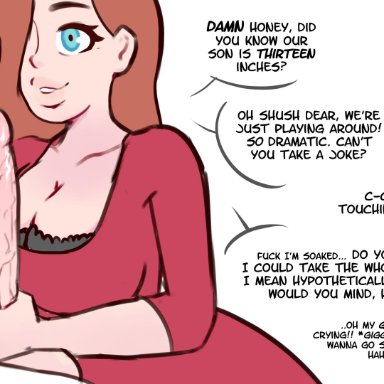 big breasts, cleavage, comic, cuckold, dress, father, huge breasts, huge cock, humiliation, hypermommy, incest, lace, measurements, measuring, measuring penis