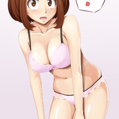 !, 1girls, bra, brown eyes, brown hair, cute, female, lingerie, looking at viewer, my hero academia, ochako uraraka, panties, shaito, solo, solo female