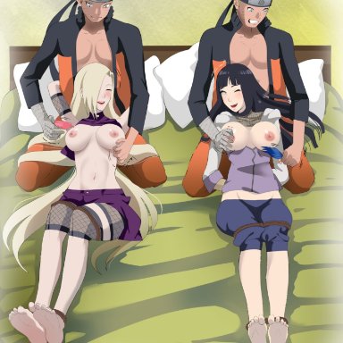 2boys, 2girls, alternate costume, areolae, arms behind back, arms up, bandaged arm, barefoot, blonde hair, blue eyes, blush, bondage, breasts, breasts outside, clones