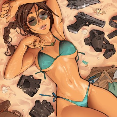 arm up, armpits, backpack, backpack removed, bag, beach, bikini, blue bikini, braid, breasts, breasts apart, brown hair, brown shorts, closed eyes, commentary