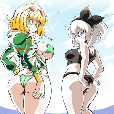 1:1, 2girls, arms (game), ass, bea (pokemon), big ass, big breasts, bikini, blonde hair, bocodamondo, crossover, dark skin, dark-skinned female, eye contact, female