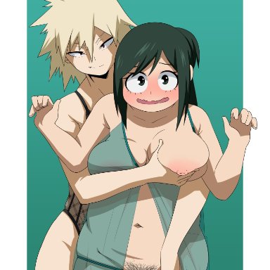 2girls, blonde hair, blush, breast grab, breasts, breasts out of clothes, felipe godoy, female, female only, female pubic hair, green hair, groping, high resolution, inko midoriya, large breasts