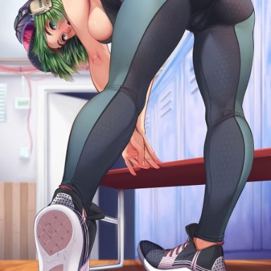 1girls, ass, bent over, breasts, cameltoe, cap, clothed, detailed background, ela, elzbieta bozak, female, female focus, female only, goggles on head, green hair