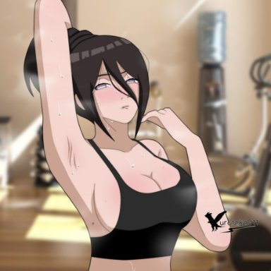 1girls, after workout, agung911, armpit, big breasts, biting lip, blush, boruto: naruto next generations, breasts, brown hair, cleavage, female, female only, gym, hair between eyes