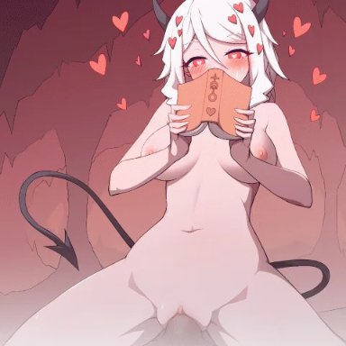 1boy, animated, bangs, black horns, black tail, blinking, blush, book, breasts, chinese commentary, clitoris, commentary, covering face, cowgirl position, demon girl