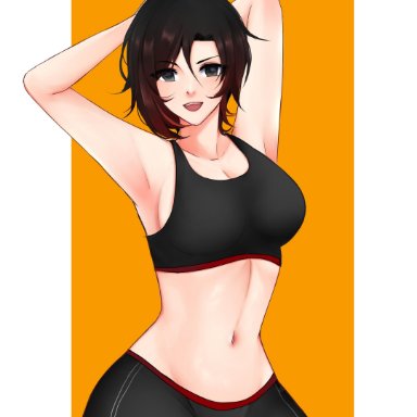 1girls, background, belly button, breasts, day an, female only, gym uniform, hands behind head, nice body, nose, open mouth, pose, red hair, ruby rose, rwby