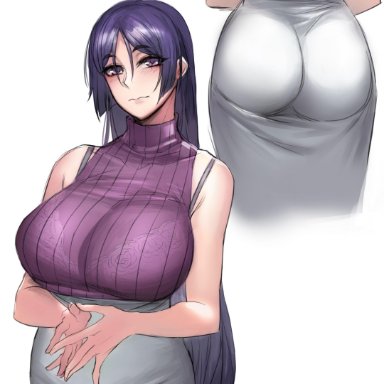 dat ass, dress, fate (series), fate/grand order, huge ass, huge breasts, long hair, looking at viewer, mature, milf, purple eyes, purple hair, raikou, smiling, sweater