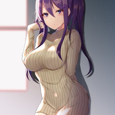 against wall, big breasts, blush, breasts, cute, doki doki literature club, female, female only, hand behind back, long hair, looking at viewer, no pants, purple eyes, purple hair, shy