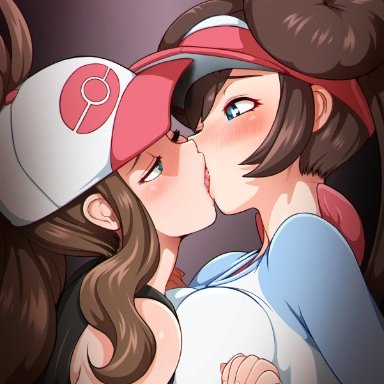 2girls, asymmetrical docking, blue eyes, blush, breast press, breast-to-breast, breasts, brown hair, dark background, double bun, female, female only, french kiss, hair bun, hat