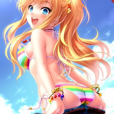 1girls, ass, beach umbrella, belt, big breasts, bikini, blonde hair, blue eyes, blue sky, bracelet, breasts, cloud, denim, denim shorts, female